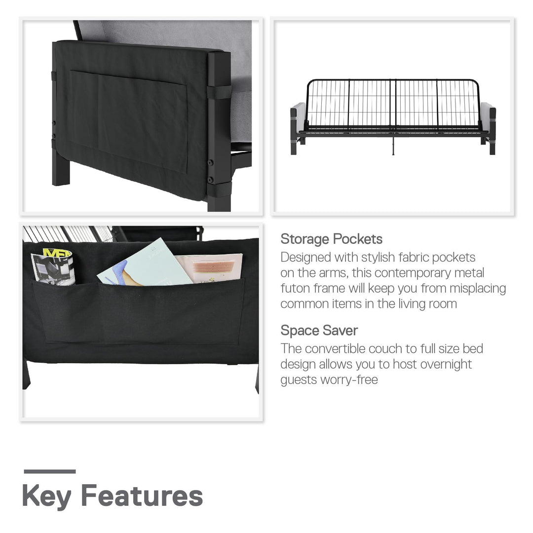 Avanti Black Metal Futon Frame with Storage Pockets - Black - Full