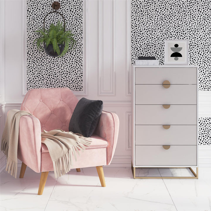 Modern minimalist dresser with brassy gold accents and half moon drawer pulls - White