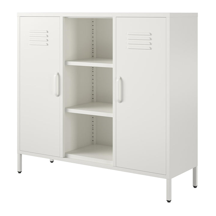 Shadwick 2 Door Metal Locker Accent Storage Cabinet with Center Bookcase - White