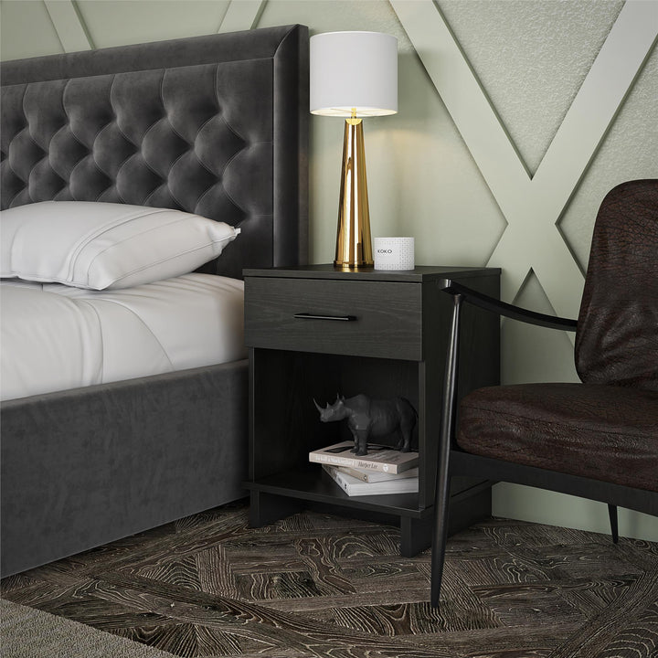 Contemporary nightstand with single drawer -  Black Oak