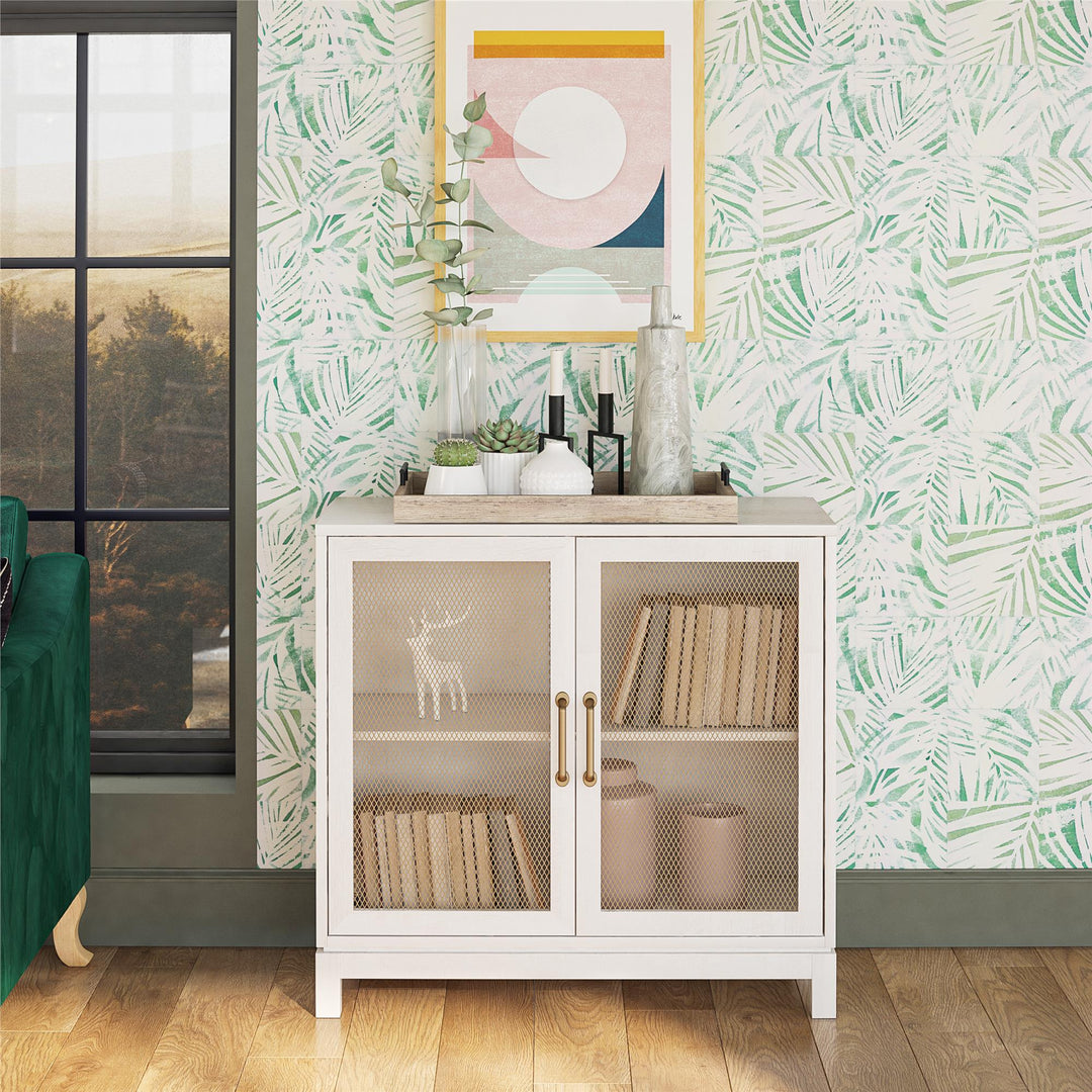 Tess Accent Cabinet with Woven Mesh Doors and 2 Shelves - Ivory Oak