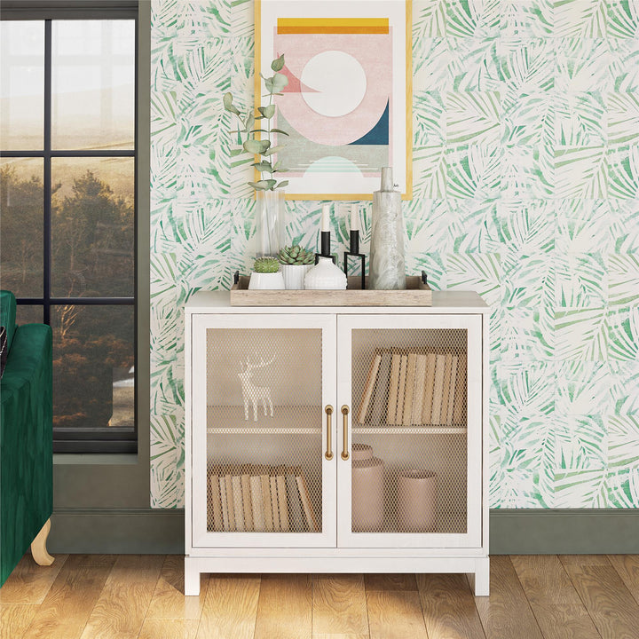 Tess Accent Cabinet with Woven Mesh Doors and 2 Shelves - Ivory Oak