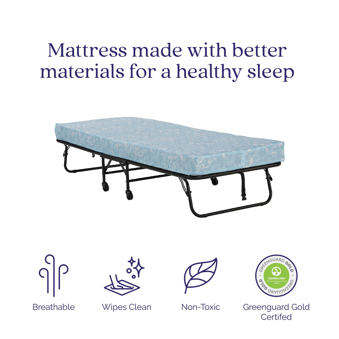 Barry Folding Cot Guest Bed with 4 Inch Floral Print Mattress - Black - Twin