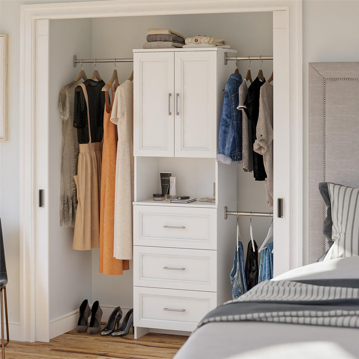 Modern closet: 3 rods, cabinet, cubby - white