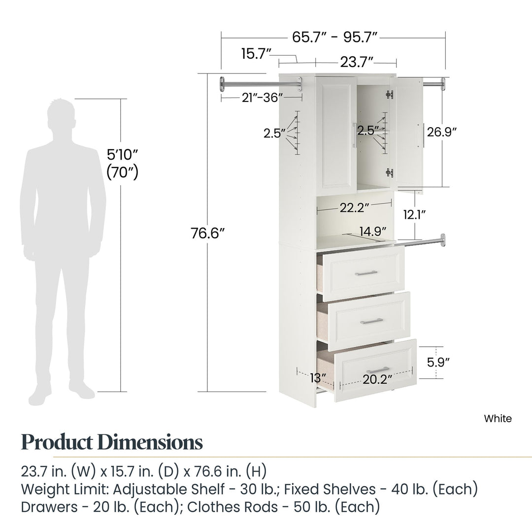 Chic 3-rod wardrobe with cubby - white