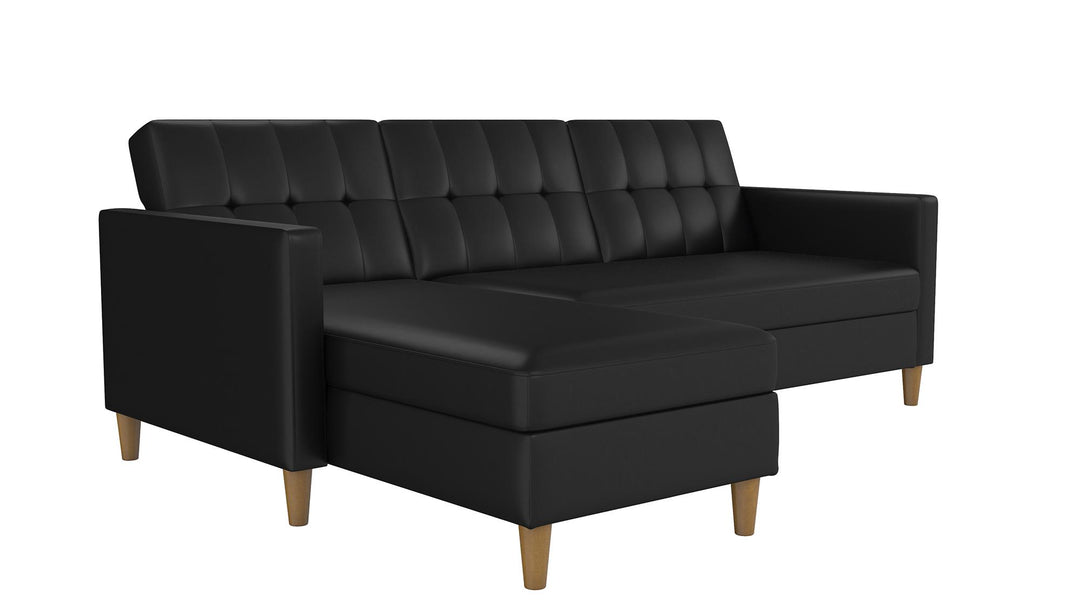 Hartford Reversible Sectional Futon with Storage Chaise - Black Faux Leather