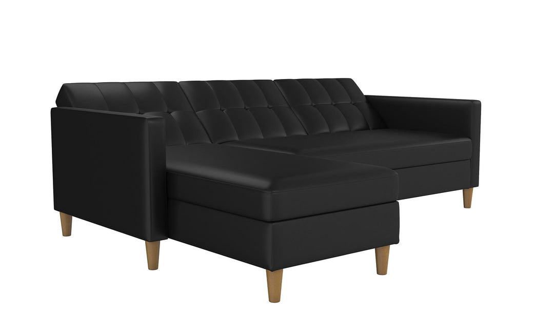 Hartford Reversible Sectional Futon with Storage Chaise - Black Faux Leather