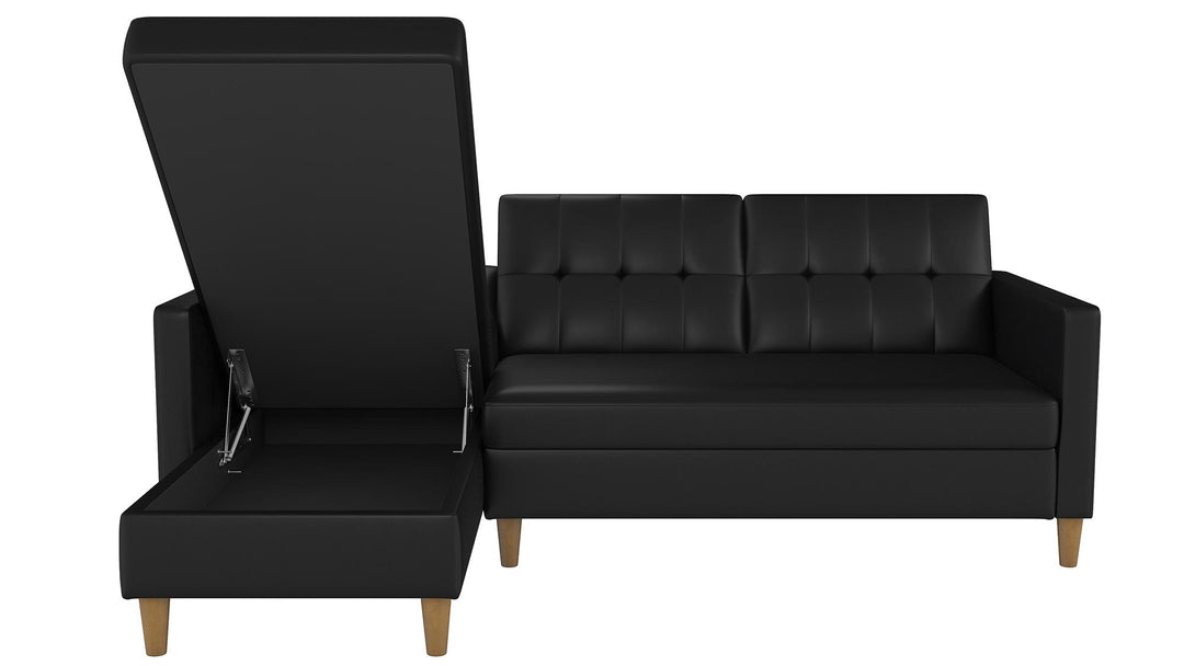 Hartford Reversible Sectional Futon with Storage Chaise - Black Faux Leather