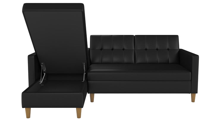 Hartford Reversible Sectional Futon with Storage Chaise - Black Faux Leather