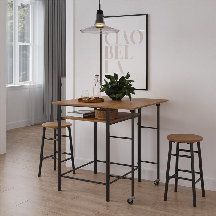 Jace Counter Height Kitchen 3 Piece Pub Set with Drop Leaf and 2 Counter Height Stools - Beige