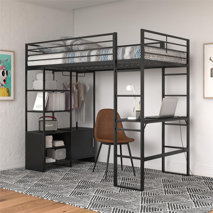 Lanis Twin Loft Bed with Desk and Storage - Black - Twin