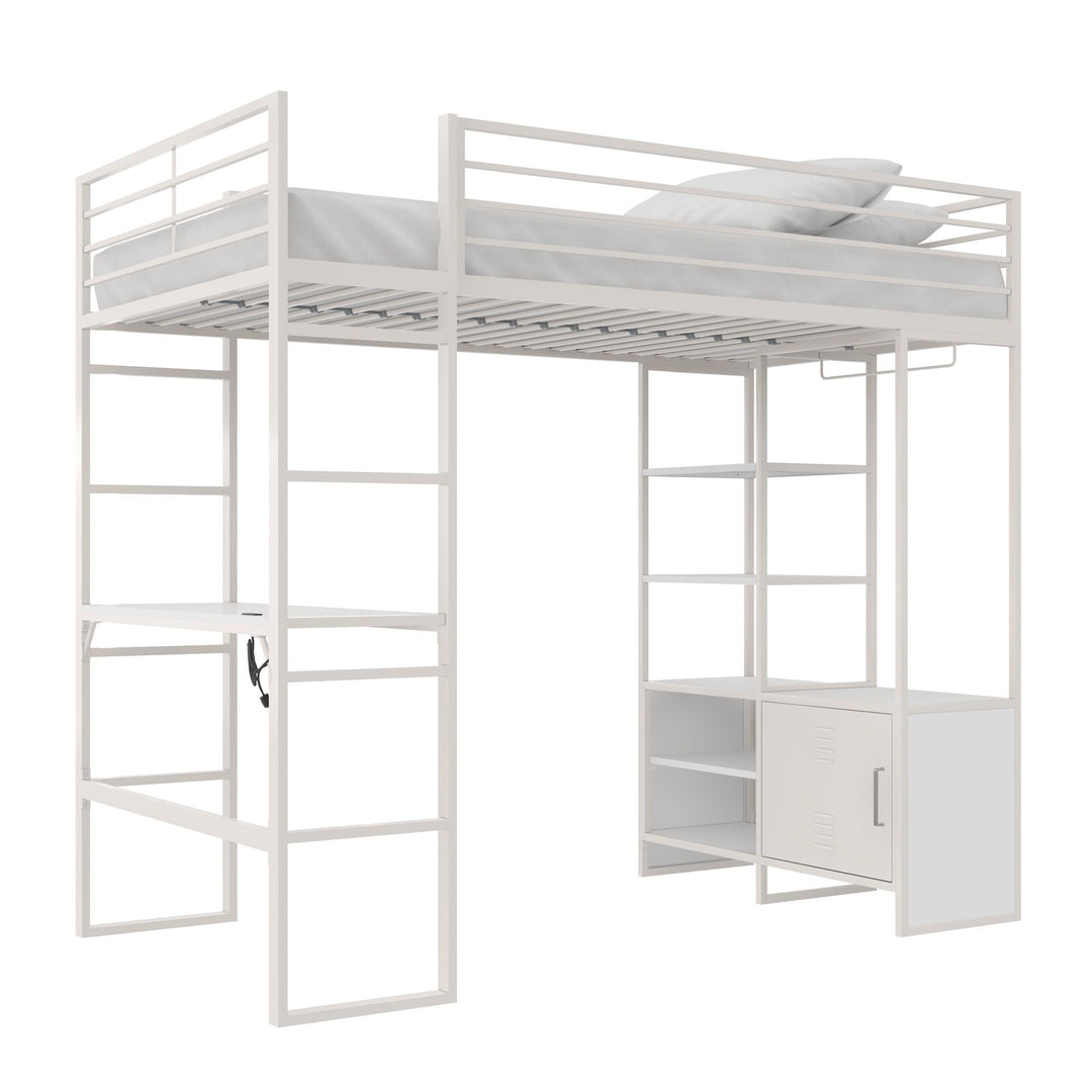 Lanis Twin Loft Bed with Desk and Storage - Off White - Twin