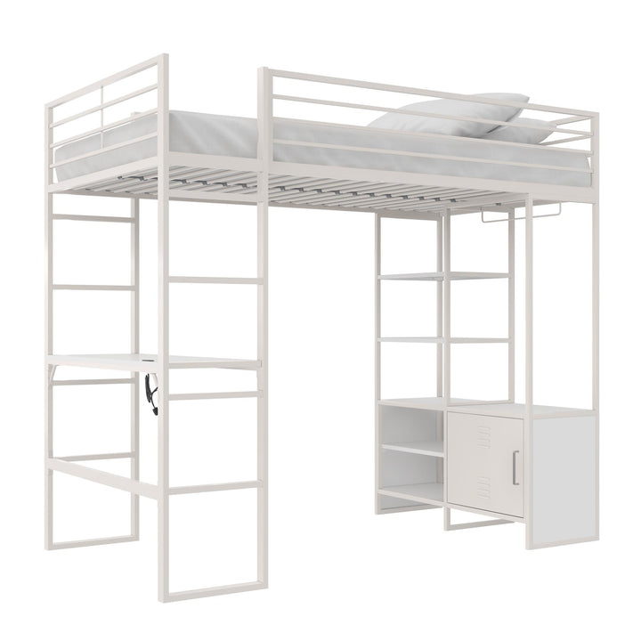 Lanis Twin Loft Bed with Desk and Storage - Off White - Twin