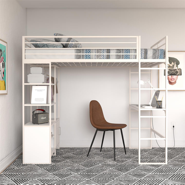 Lanis Twin Loft Bed with Desk and Storage - Off White - Twin