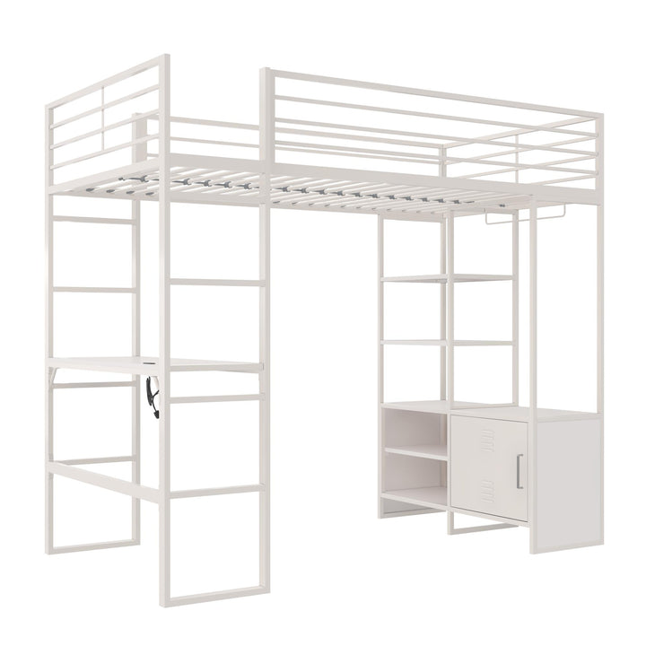 Lanis Twin Loft Bed with Desk and Storage - Off White - Twin