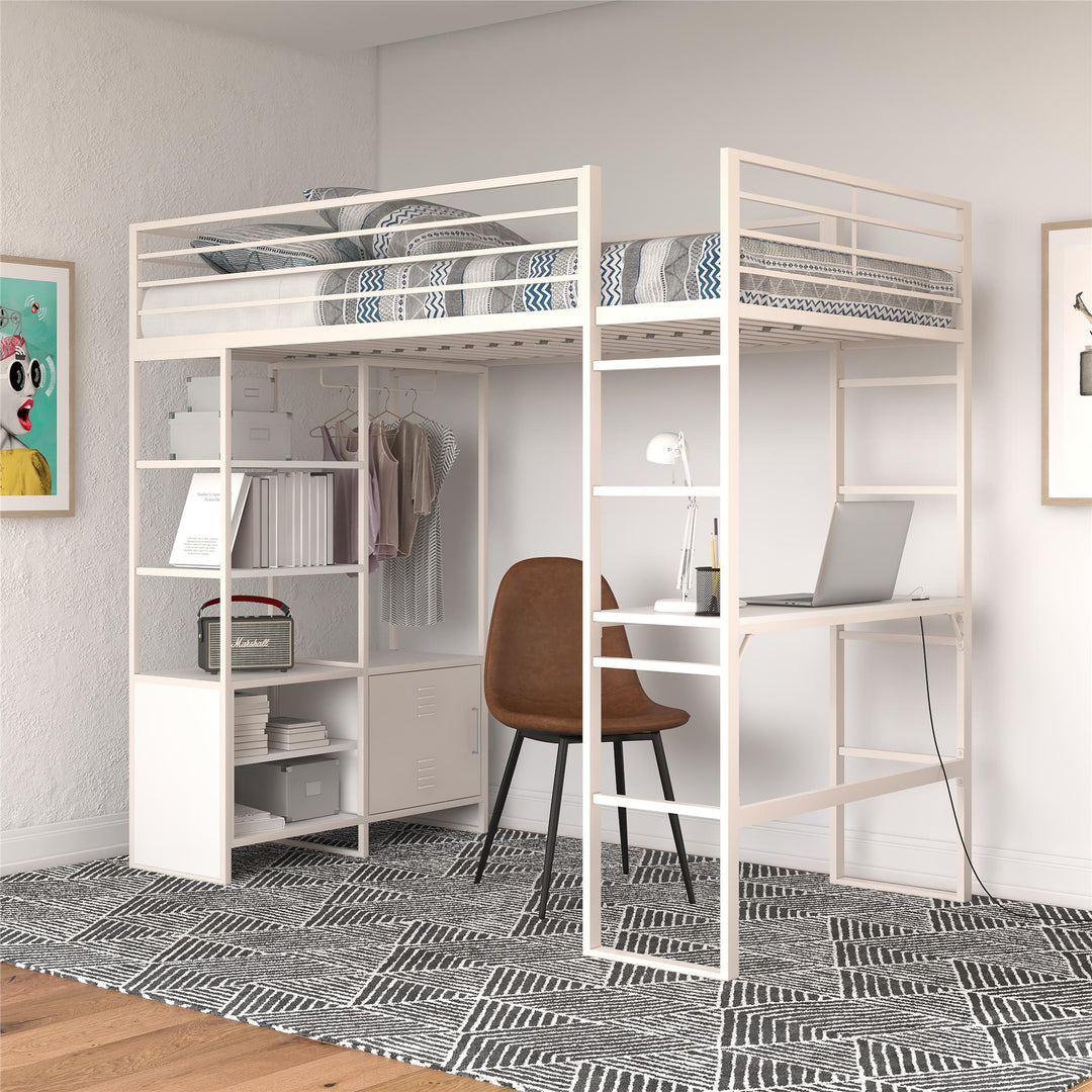 Lanis Twin Loft Bed with Desk and Storage - Off White - Twin