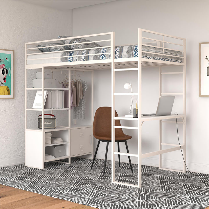 Lanis Twin Loft Bed with Desk and Storage - Off White - Twin