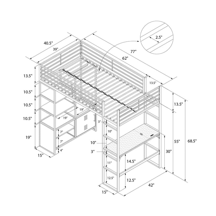 Lanis Twin Loft Bed with Desk and Storage - Off White - Twin