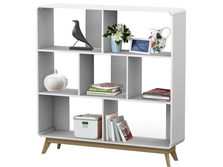 Leva Scandinavian Style Bookcase with 7 Open Cubbies - White