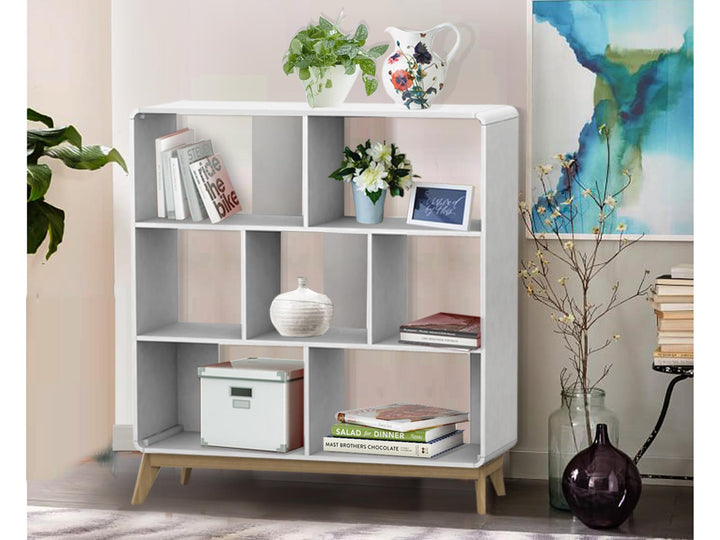 Leva Scandinavian Style Bookcase with 7 Open Cubbies - White