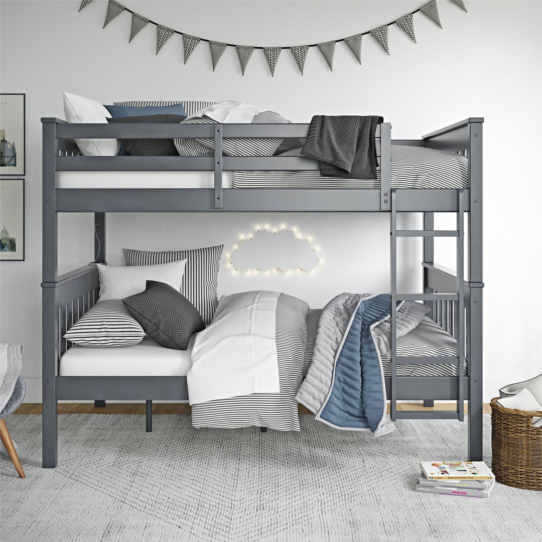 Moon Full-Over-Full Wood Bunk Bed with USB Port and Integrated Ladder - Gray