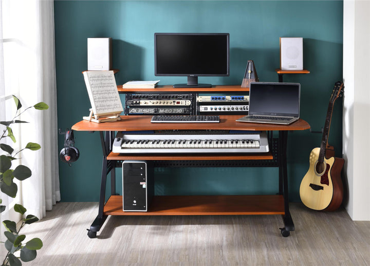 Music Workstation Desk with Cable Holes - Cherry/Black