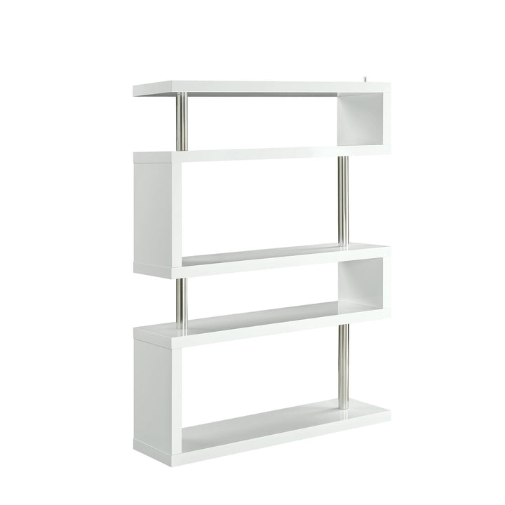 Modern design 5-Tier open Bookcase with Stainless Metal Bar and Wooden Shelves - White