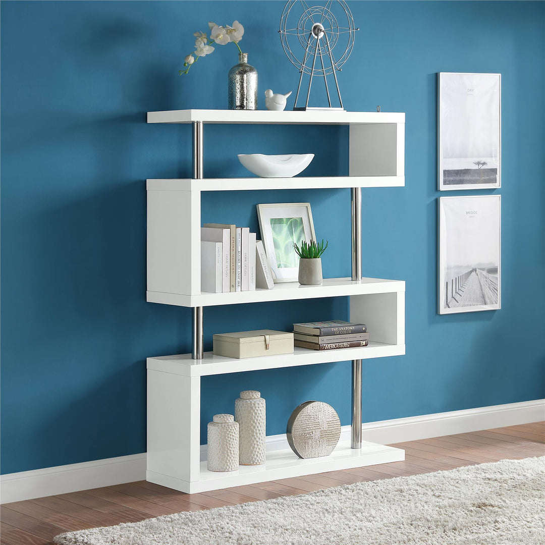 Open 5-Tier Bookcase with Stainless Metal Bar - White