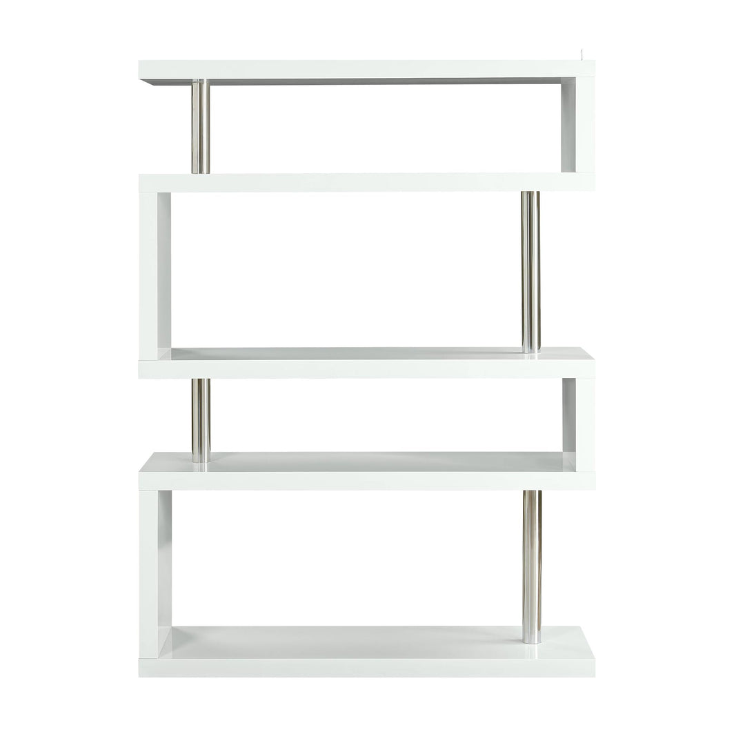 Buck II 5-Tier Bookcase with Stainless Metal Bar and Wooden Shelves - White