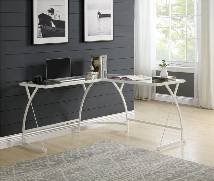 L-shape computer desk with metal frame base - White