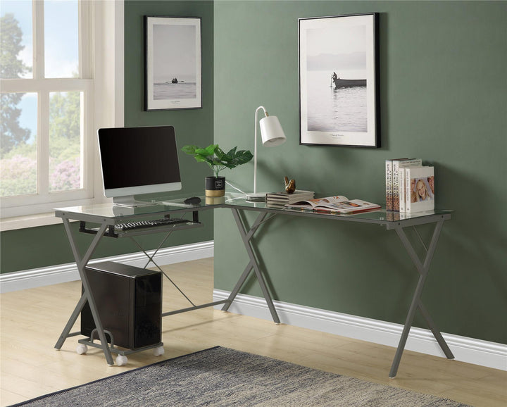Gaming Corner Desk with Keyboard Tray - Silver