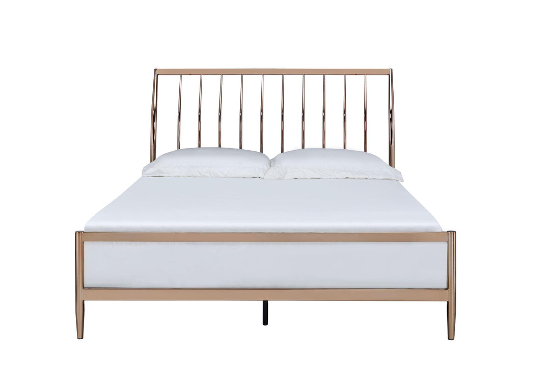 Queen bed with slatted headboard and metal legs - Copper