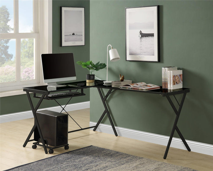 l shaped computer desk with keyboard tray - Black