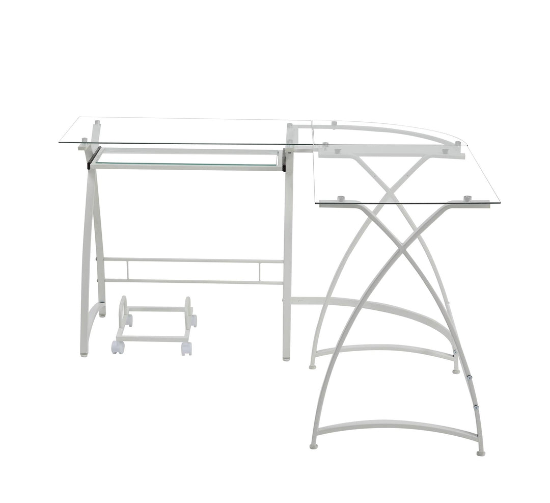glass top Corner Desk with Keyboard Tray - White