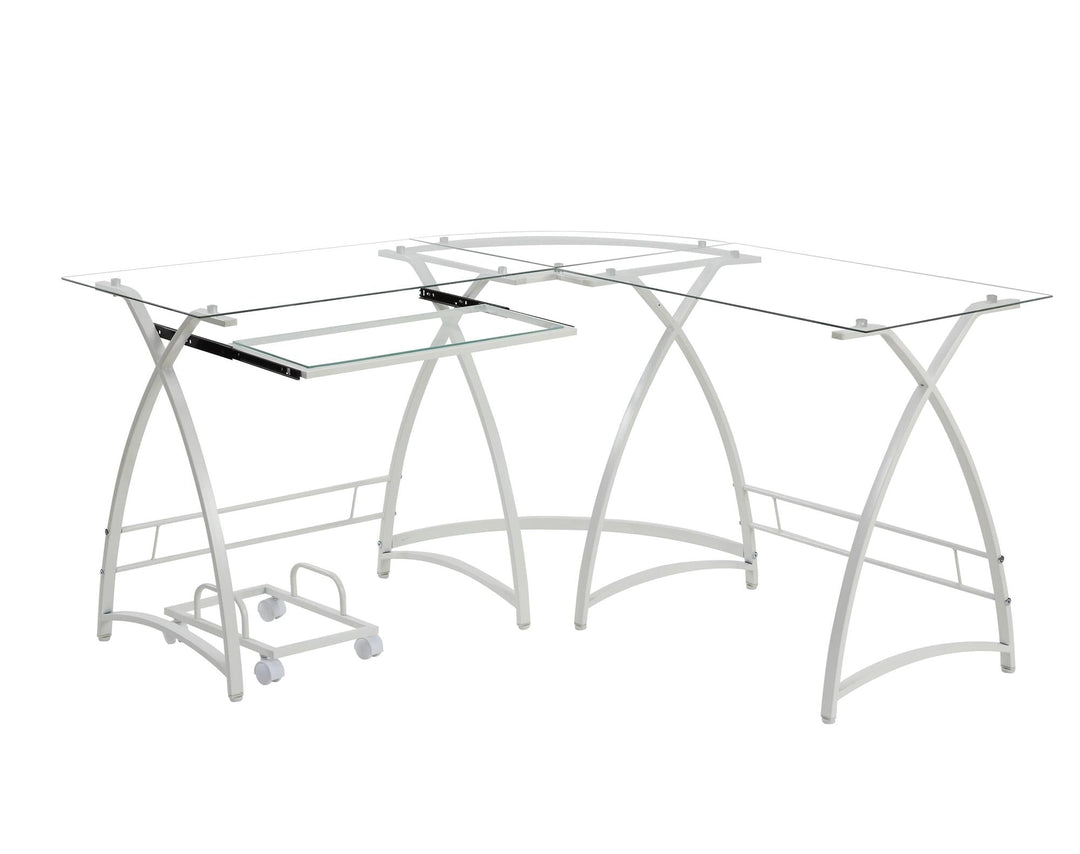 glass top L shaped computer desk - White