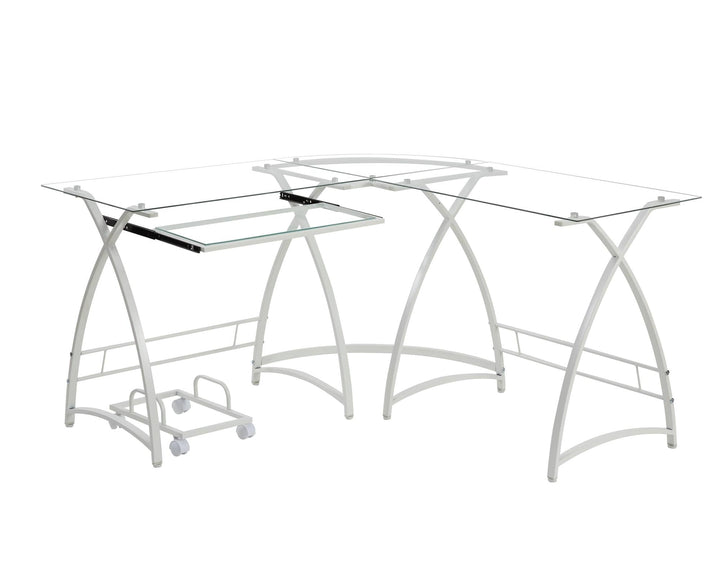 glass top L shaped computer desk - White