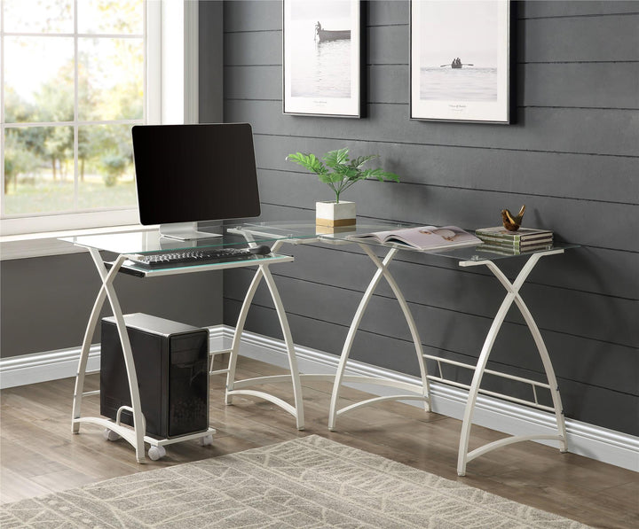 glass topModern L-Shape Workstation - White