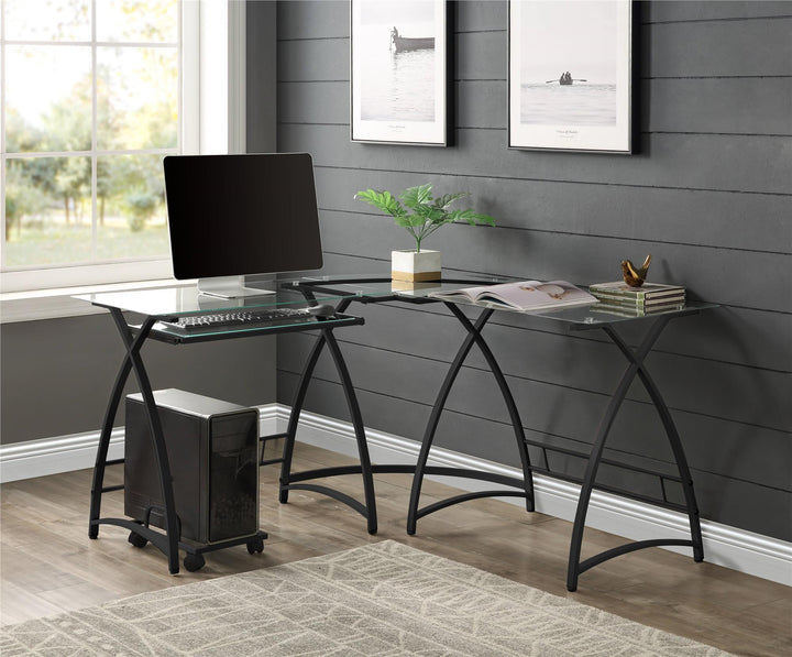 l shaped computer desk with keyboard tray - Black