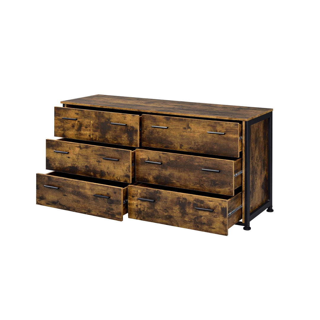 Warm wood accents 6 drawer wide dresser - Rustic Oak