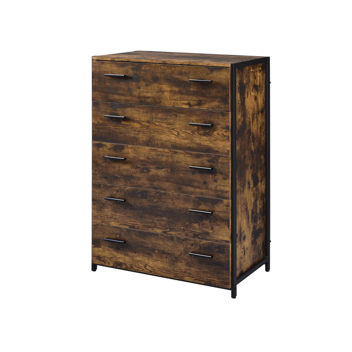 Farmhouse 5 drawer tall dresser with metal frame - Rustic Oak