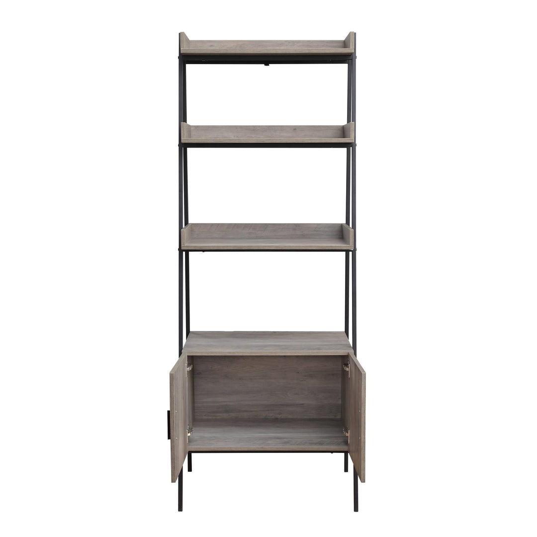 Modern Ladder design Bookshelf with 4 Shelves and Closed Storage - Gray Oak