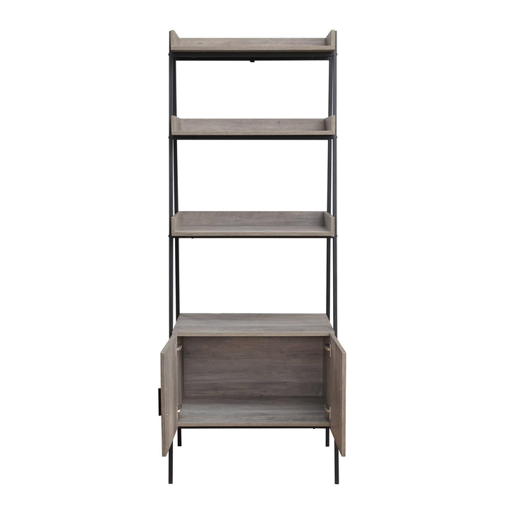 Modern Ladder design Bookshelf with 4 Shelves and Closed Storage - Gray Oak