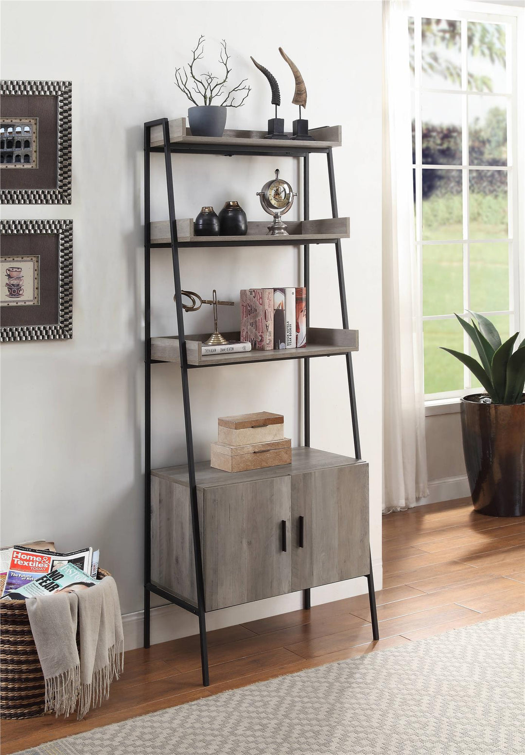 Stylish Bookshelf with 4 Shelves and Closed Storage - Gray Oak