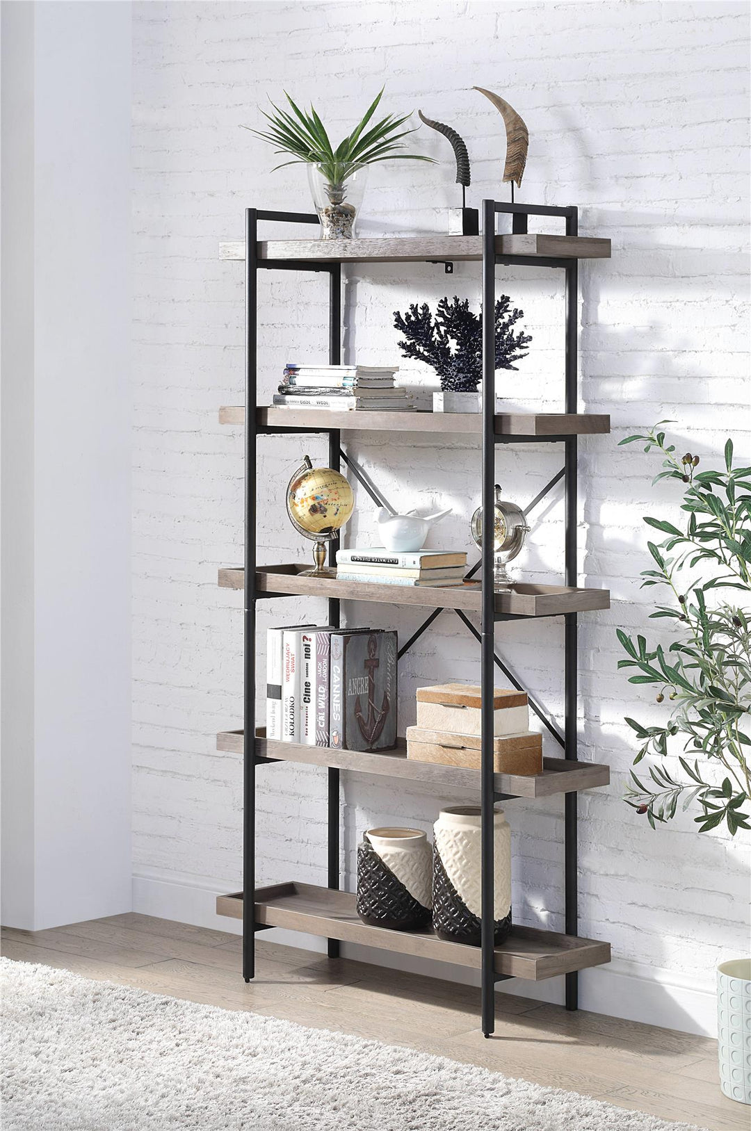 Bookshelf with 5 Shelves with X-Shape cross bar - Gray Oak