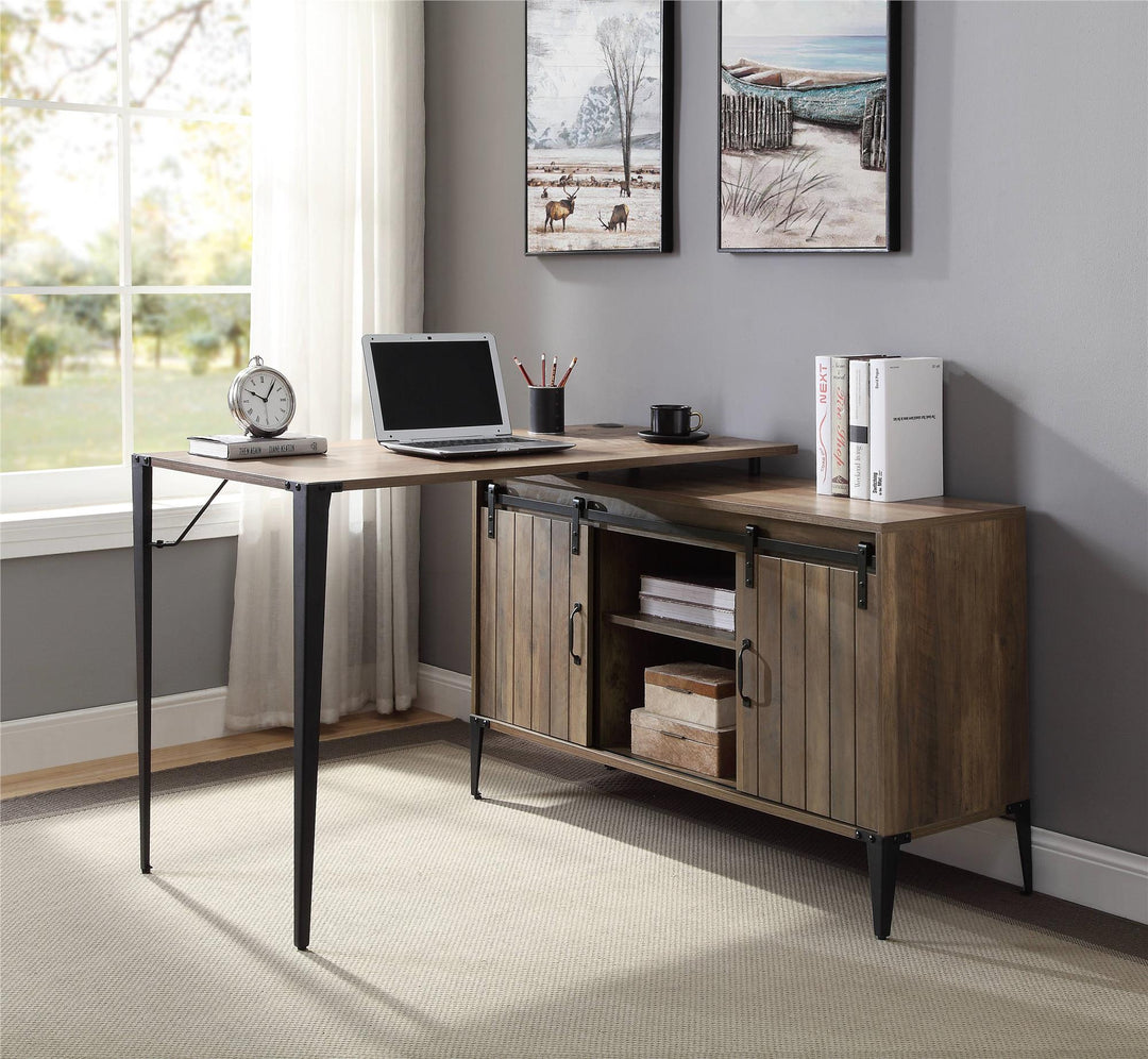 L-Shape Writing Desk with Barn Door and cable cord management - Rustic Oak
