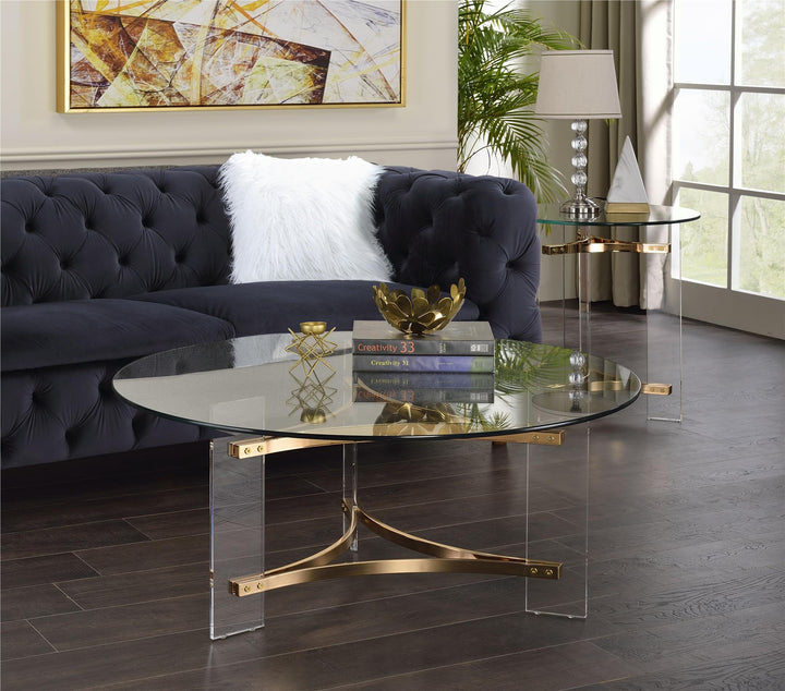 glass top round end table with gold metal accent base - Gold