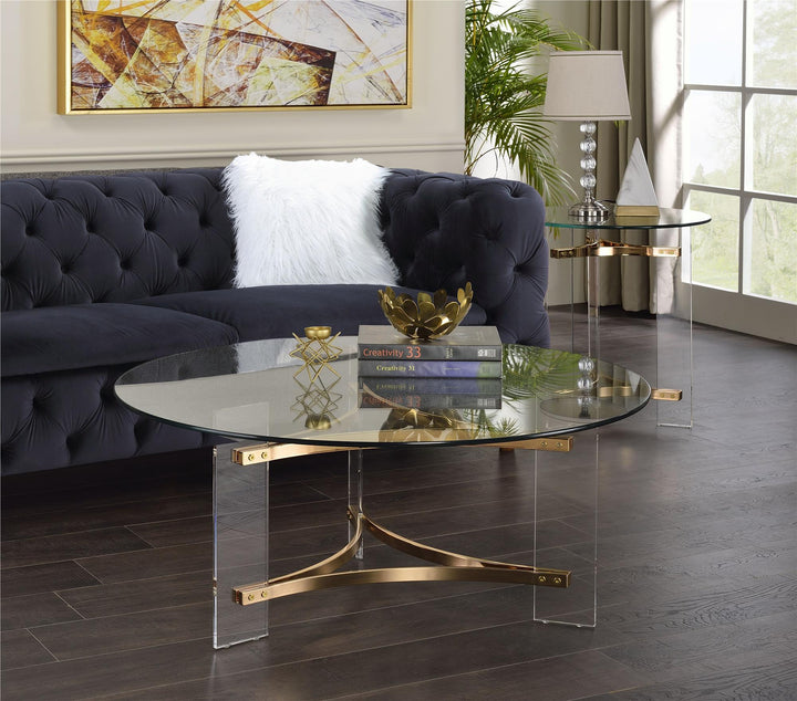 tempered glass top round coffee table with metal accent - Gold