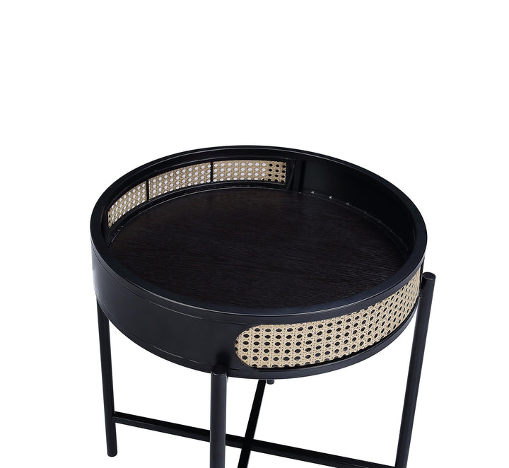 rattan design metal round end table - Black