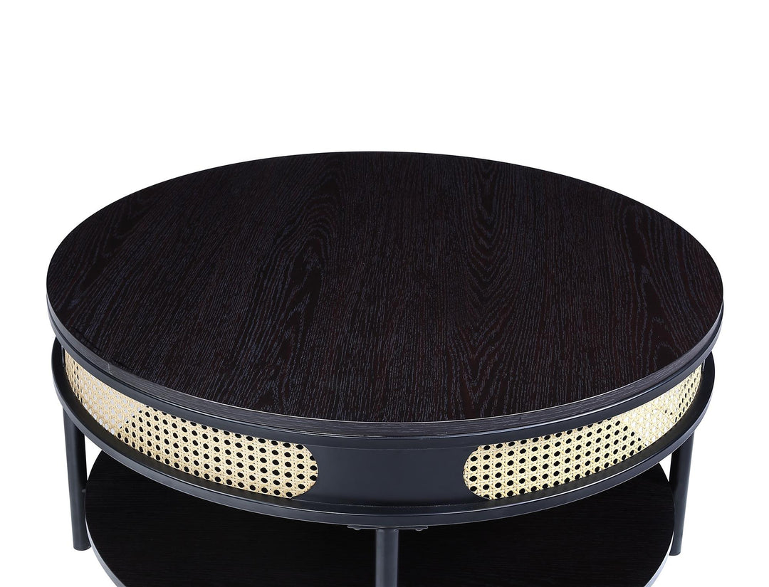 wooden round coffee table with metal legs - Black