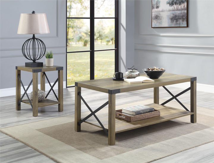 End Table with Rustic Finish and X Shape Slat - Rustic Oak